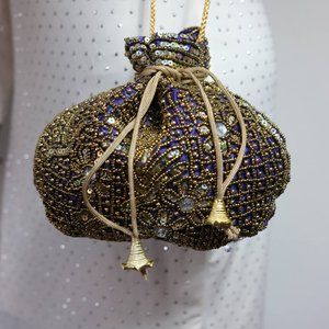NWT Royal Blue Gold Pearl and Sequence embroidered bucket bag/potli
